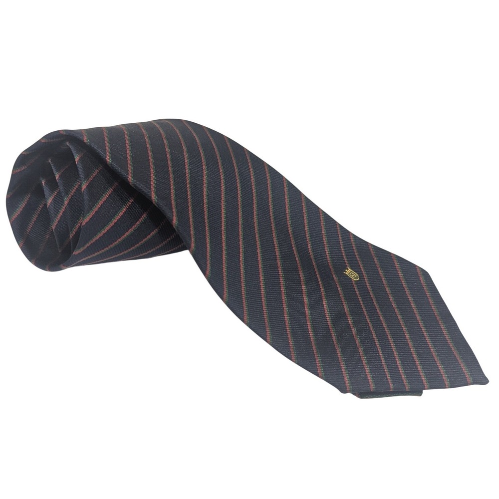 Fendi Roma Mens Silk Tie Navy Blue Red Green Striped Hand Made in Italy 3.5in